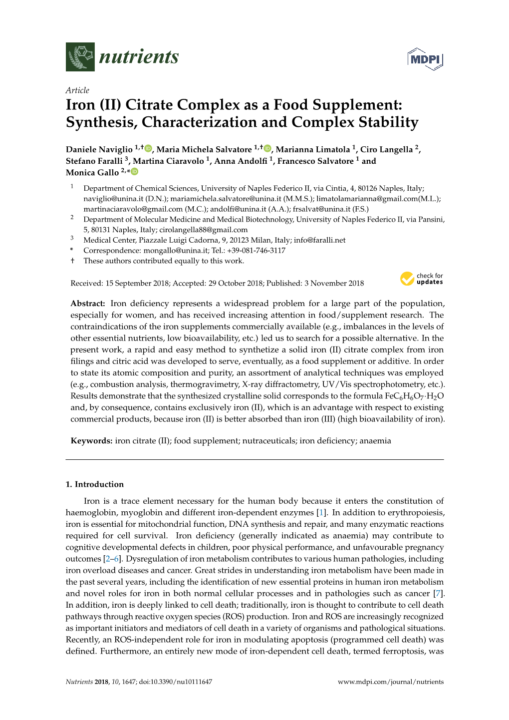 Iron (II) Citrate Complex As a Food Supplement: Synthesis, Characterization and Complex Stability