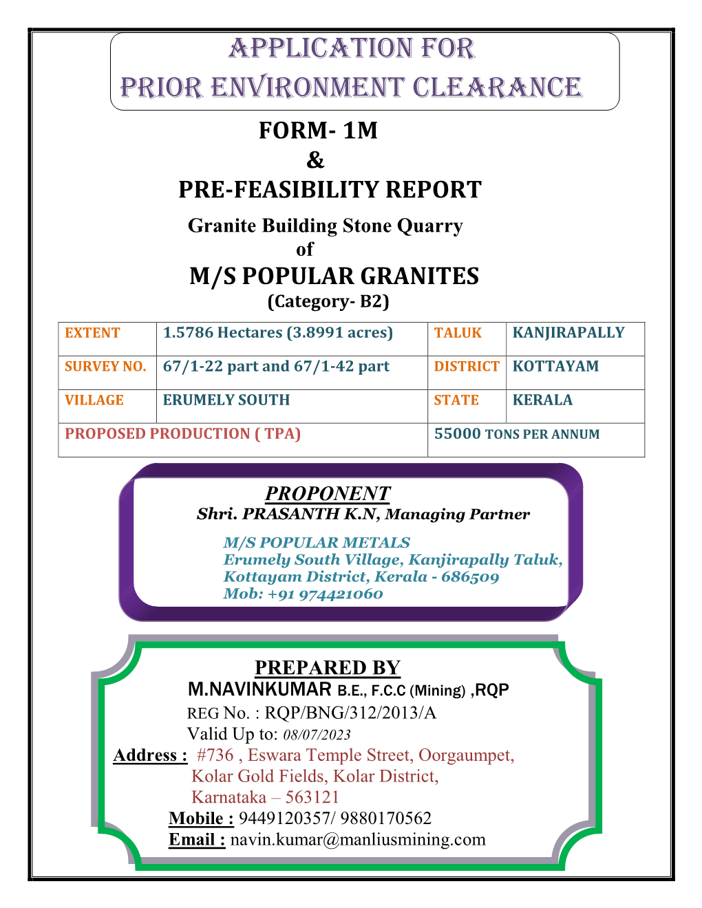 APPLICATION for Prior Environment Clearance