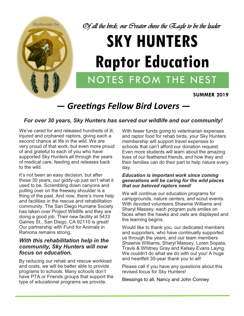 SKY HUNTERS Raptor Education NOTES from the NEST