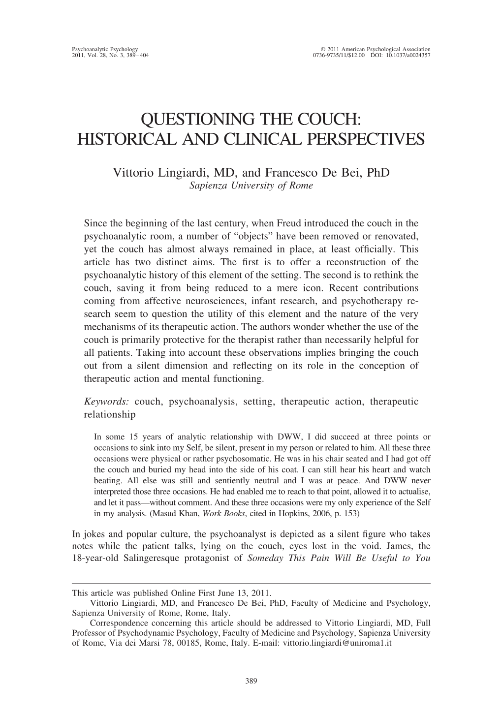 Questioning the Couch: Historical and Clinical Perspectives