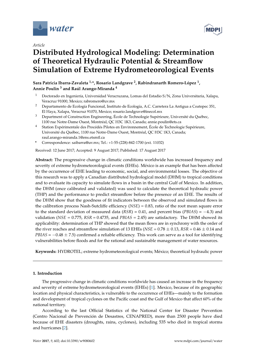 Distributed Hydrological Modeling: Determination of Theoretical Hydraulic Potential & Streamﬂow Simulation of Extreme Hydrometeorological Events