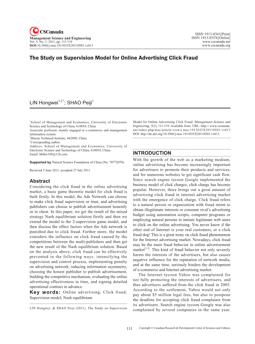 The Study on Supervision Model for Online Advertising Click Fraud