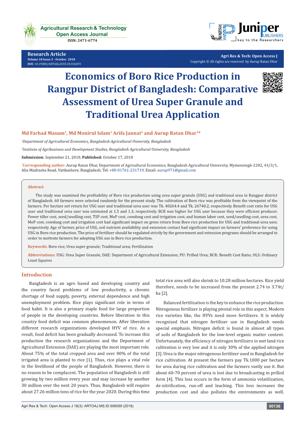 Economics of Boro Rice Production in Rangpur District of Bangladesh: Comparative Assessment of Urea Super Granule and Traditional Urea Application