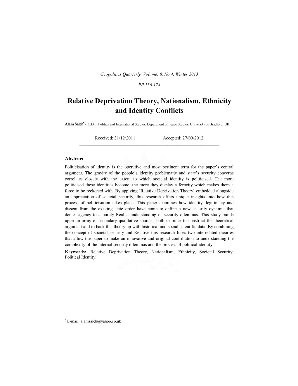 Relative Deprivation Theory, Nationalism, Ethnicity and Identity Conflicts