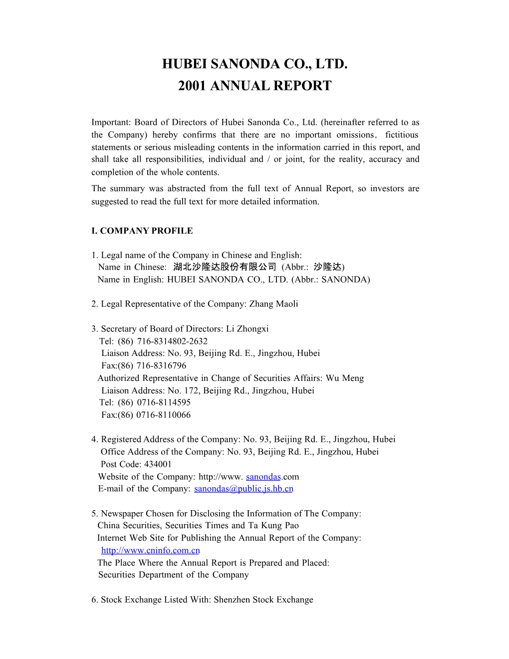 Hubei Sanonda Co., Ltd. 2001 Annual Report