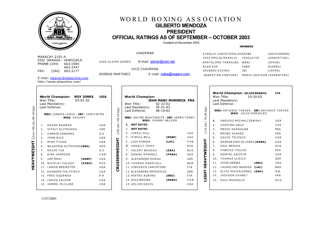 WORLD BOXING ASSOCIATION GILBERTO MENDOZA PRESIDENT OFFICIAL RATINGS AS of SEPTEMBER – OCTOBER 2003 Created on November 2003 MEMBERS