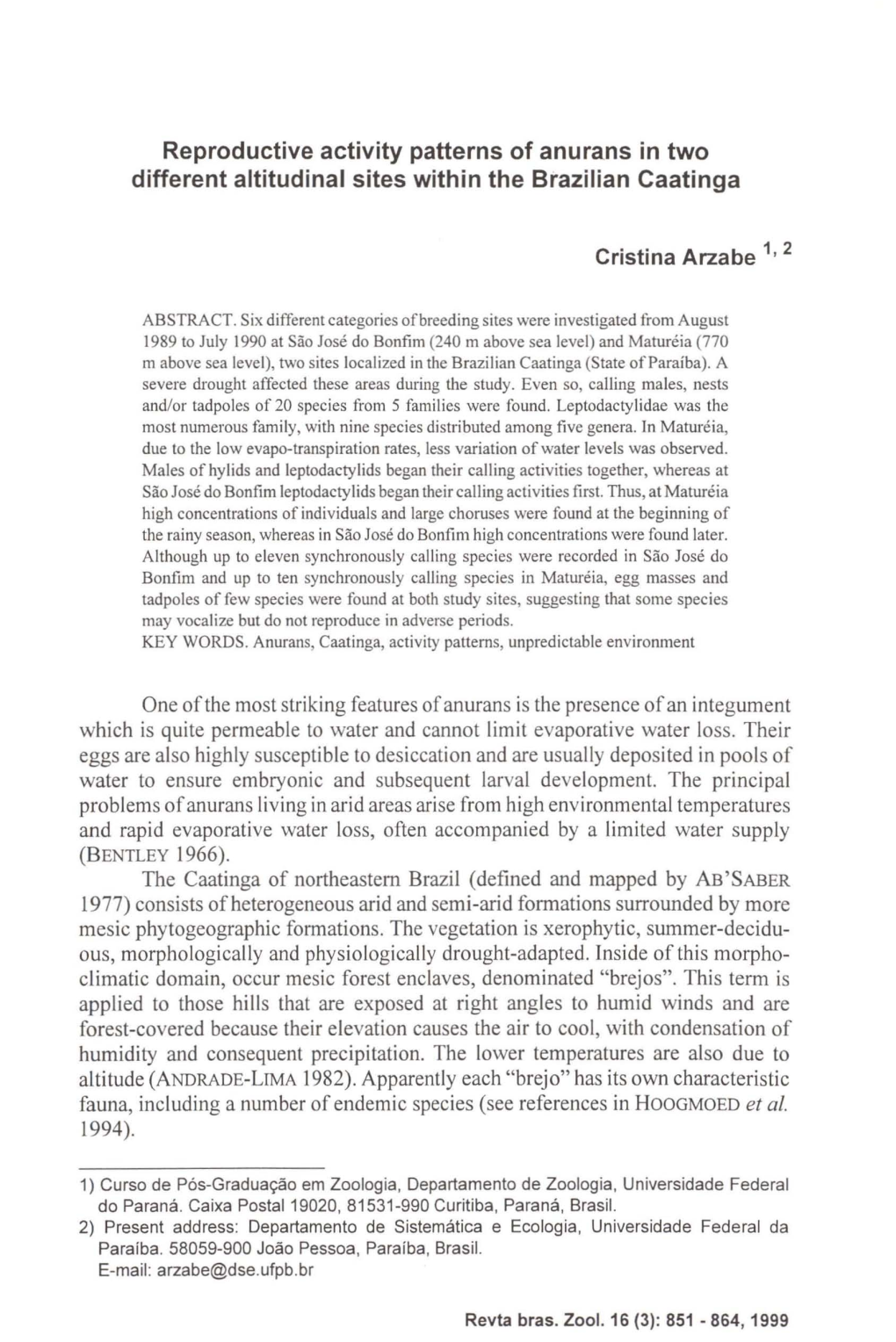 Reproductive Activity Patterns of Anurans in Two Different Altitudinal Sites Within the Brazilian Caatinga