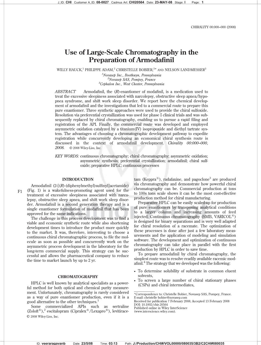 Use of Large-Scale Chromatography in the Preparation of Armodafinil