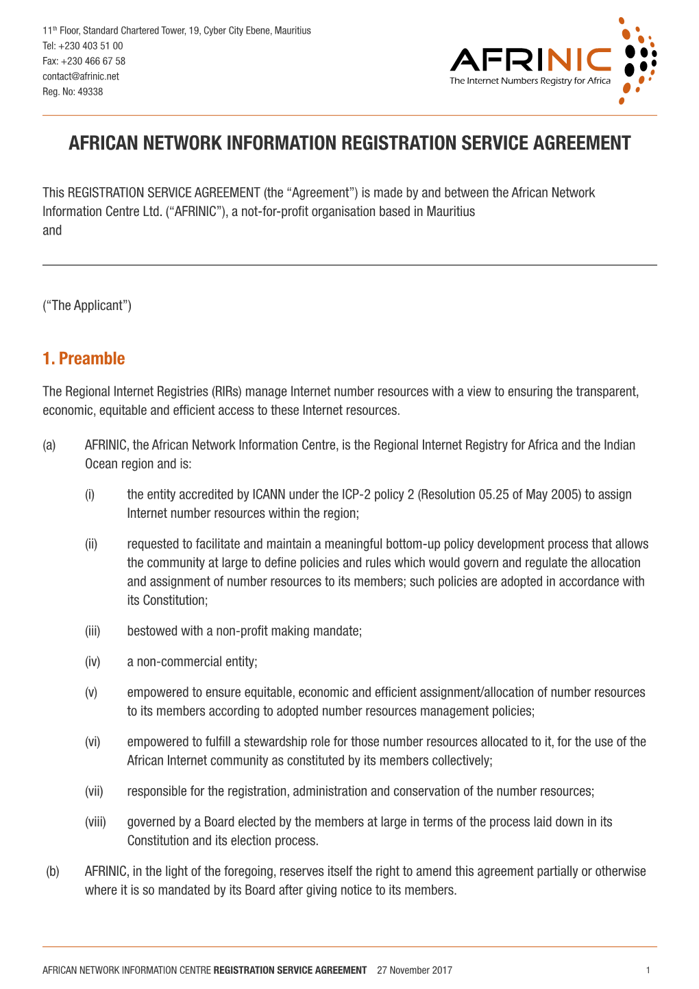 African Network Information Registration Service Agreement