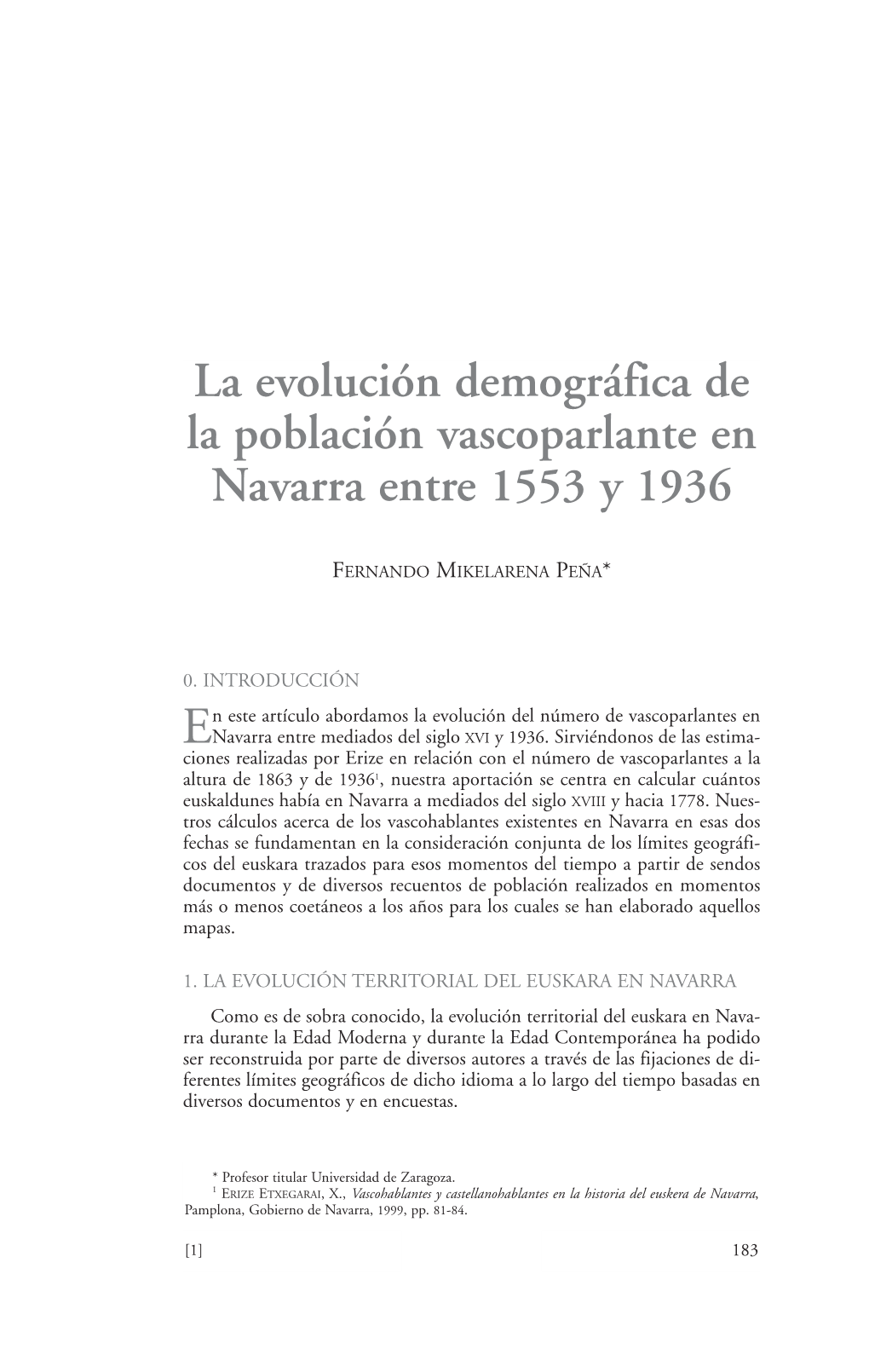 La Evolución Demográfica De La Población Vascoparlante En Navarra Entre 1553 Y 1936