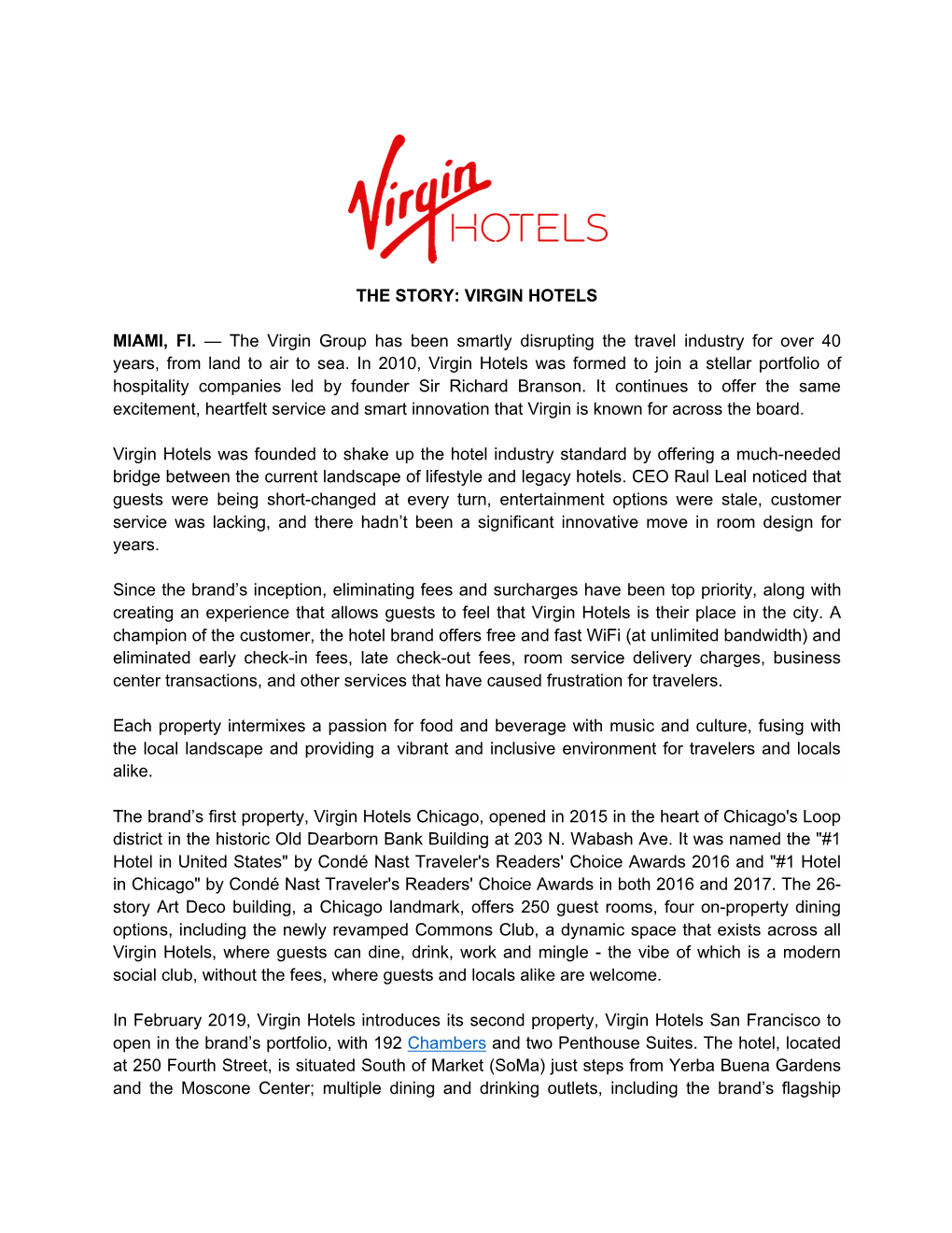 THE STORY: VIRGIN HOTELS MIAMI, Fl. — the Virgin Group Has Been