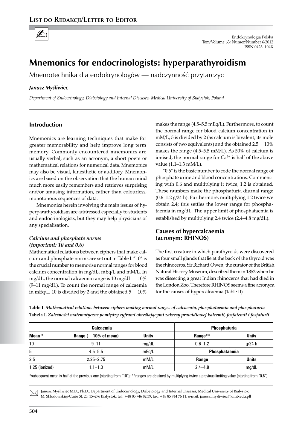 Mnemonics for Endocrinologists: Hyperparathyroidism Mnemotechnika Dla Endokrynologów — Nadczynność Przytarczyc