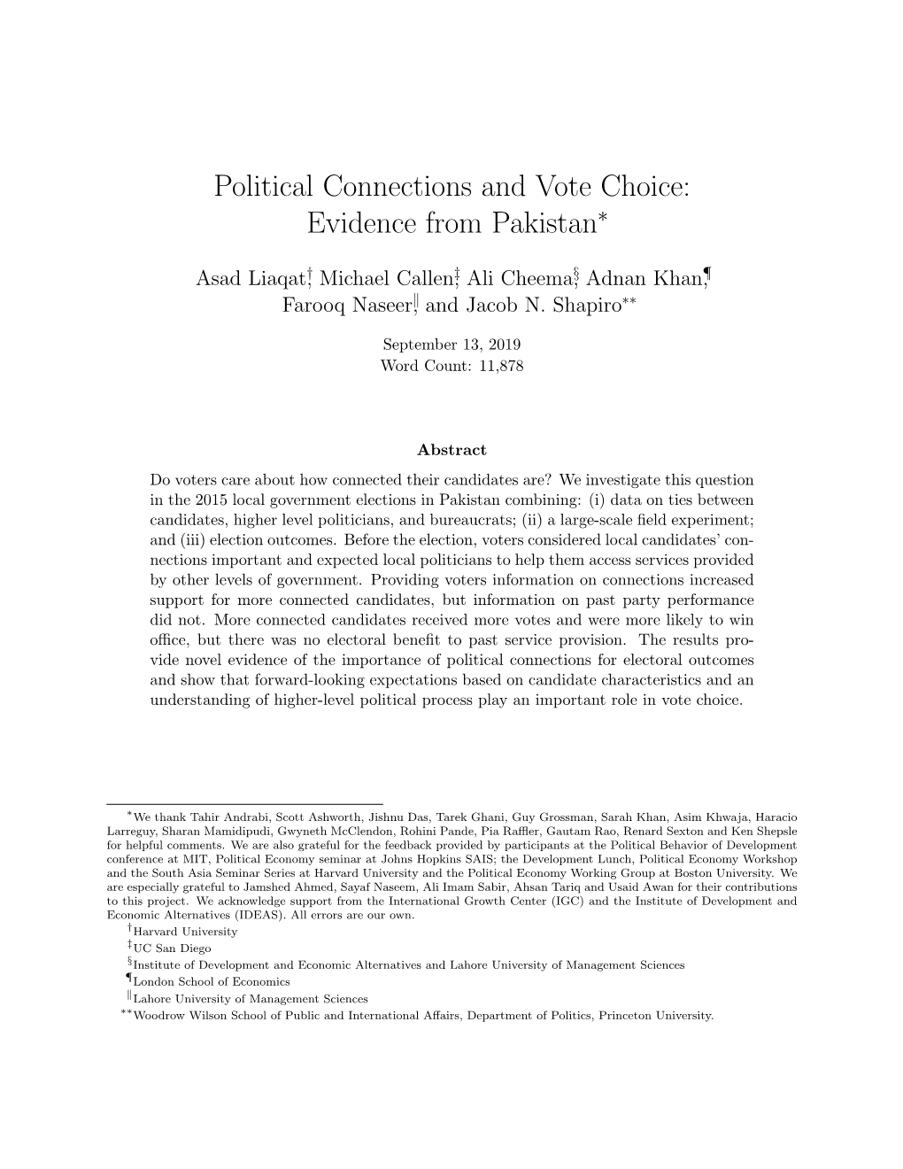 Political Connections and Vote Choice: Evidence from Pakistan∗