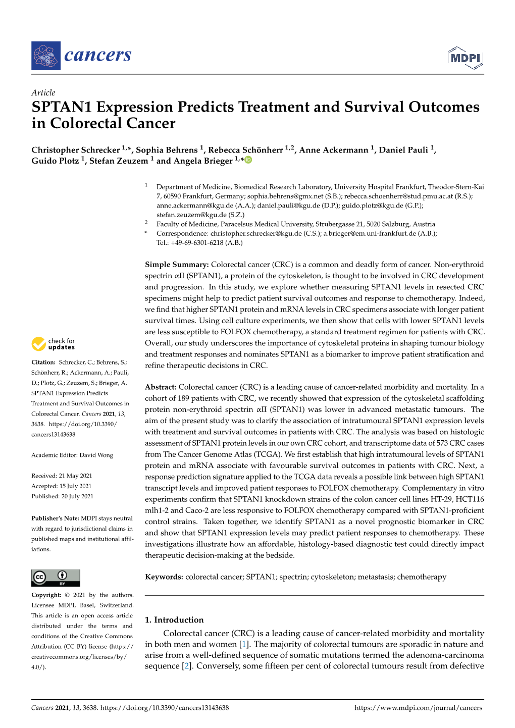 SPTAN1 Expression Predicts Treatment and Survival Outcomes in Colorectal Cancer