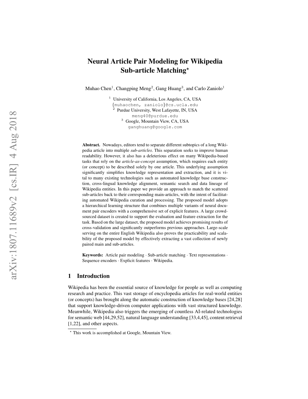Neural Article Pair Modeling for Wikipedia Sub-Article Matching?