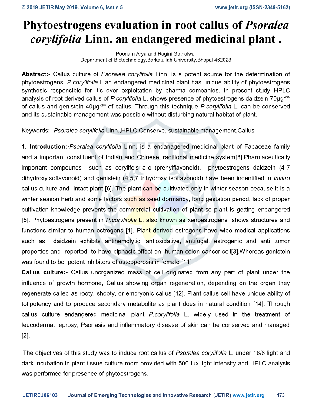 Phytoestrogens Evaluation in Root Callus of Psoralea Corylifolia Linn