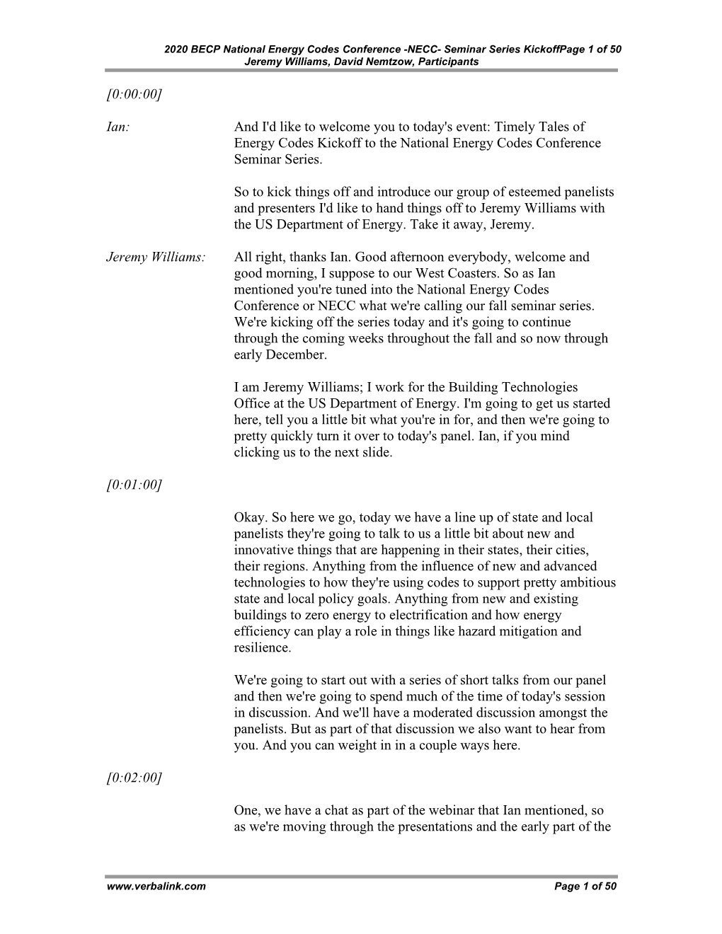 2020 BECP National Energy Codes Conference -NECC- Seminar Series Kickoffpage 1 of 50 Jeremy Williams, David Nemtzow, Participants