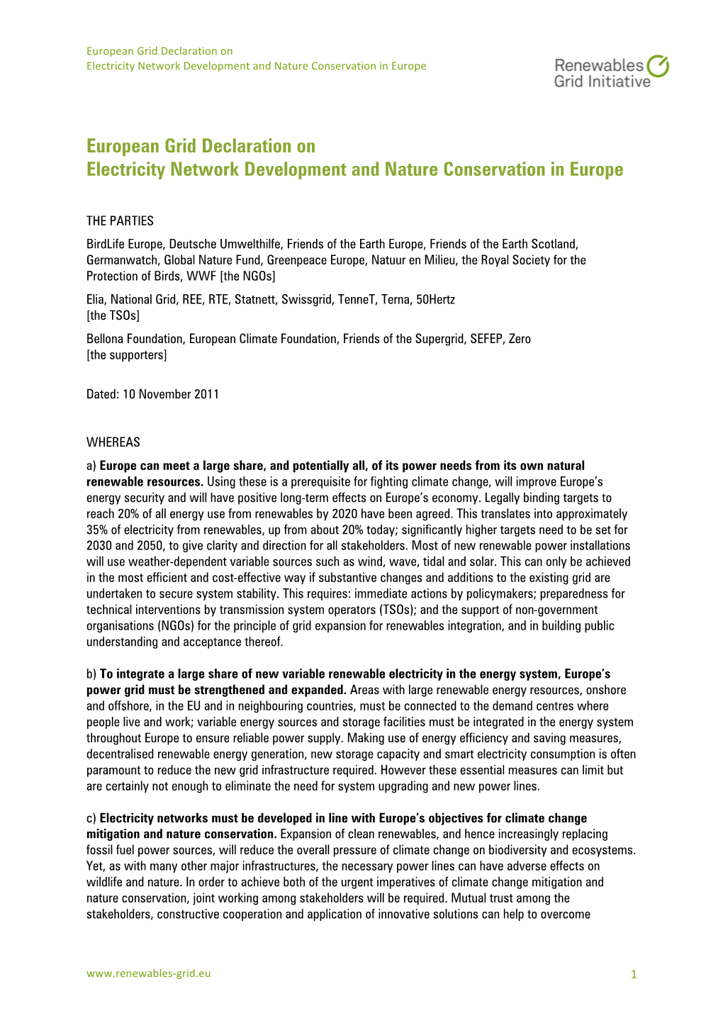European Grid Declaration on Electricity Network Development and Nature Conservation in Europe