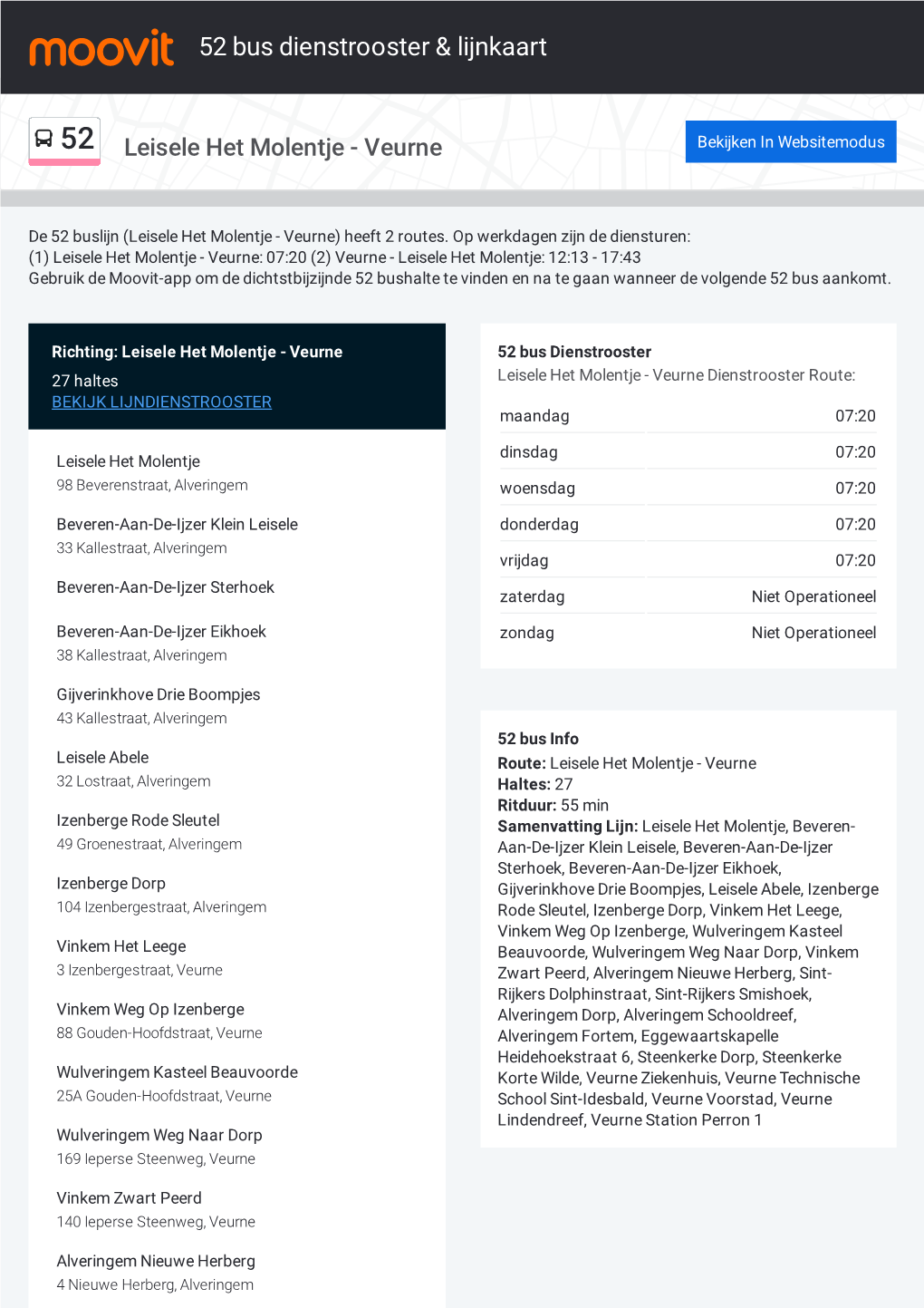 52 Bus Dienstrooster & Lijnroutekaart