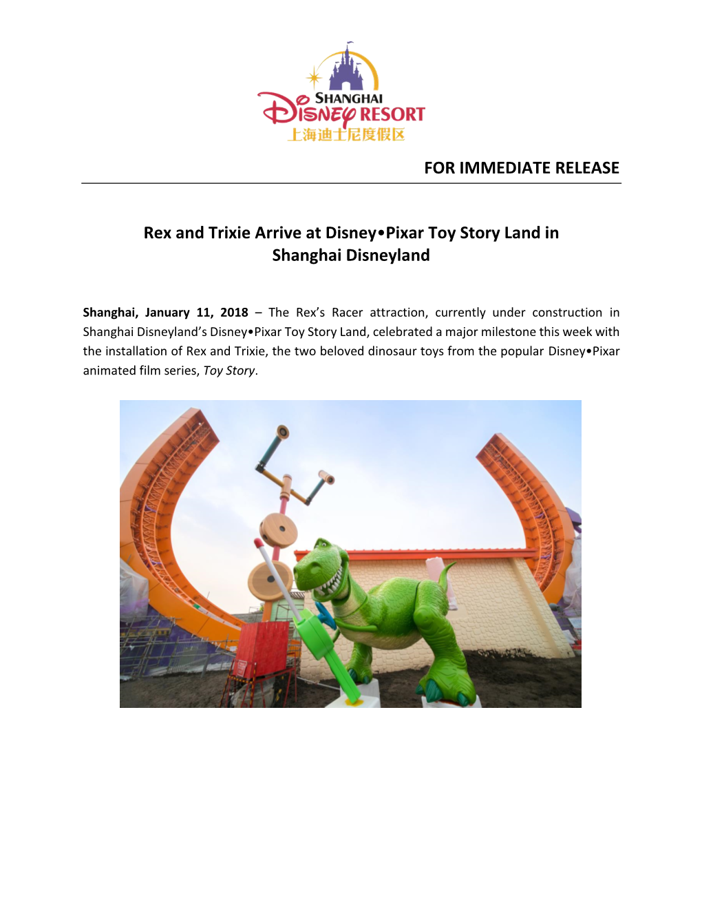 FOR IMMEDIATE RELEASE Rex and Trixie Arrive at Disney•Pixar Toy
