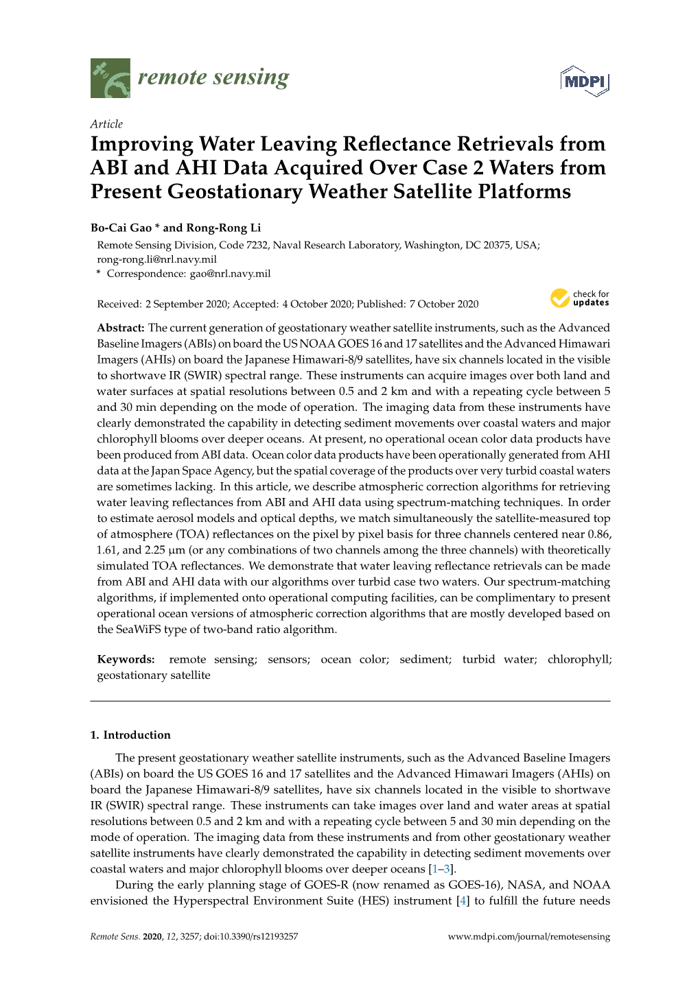 Improving Water Leaving Reflectance Retrievals from ABI and AHI