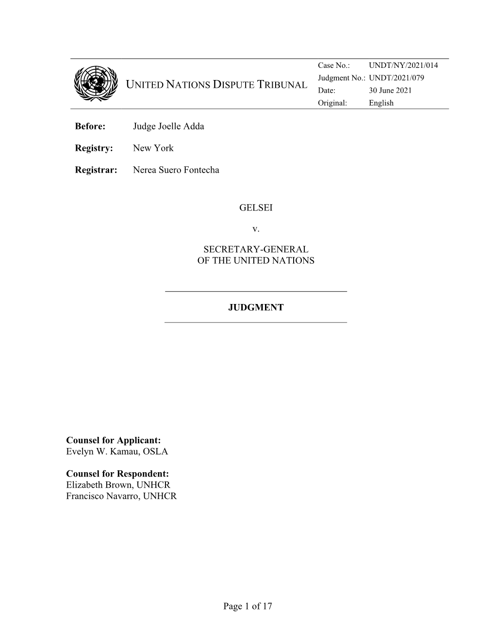 Page 1 of 17 UNITED NATIONS DISPUTE TRIBUNAL Before