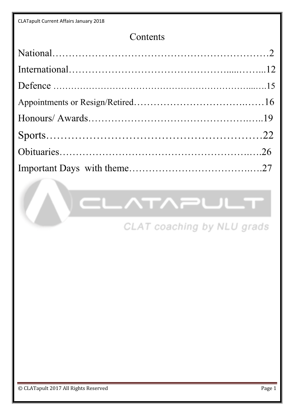 Current Affairs Clatapult January 2018