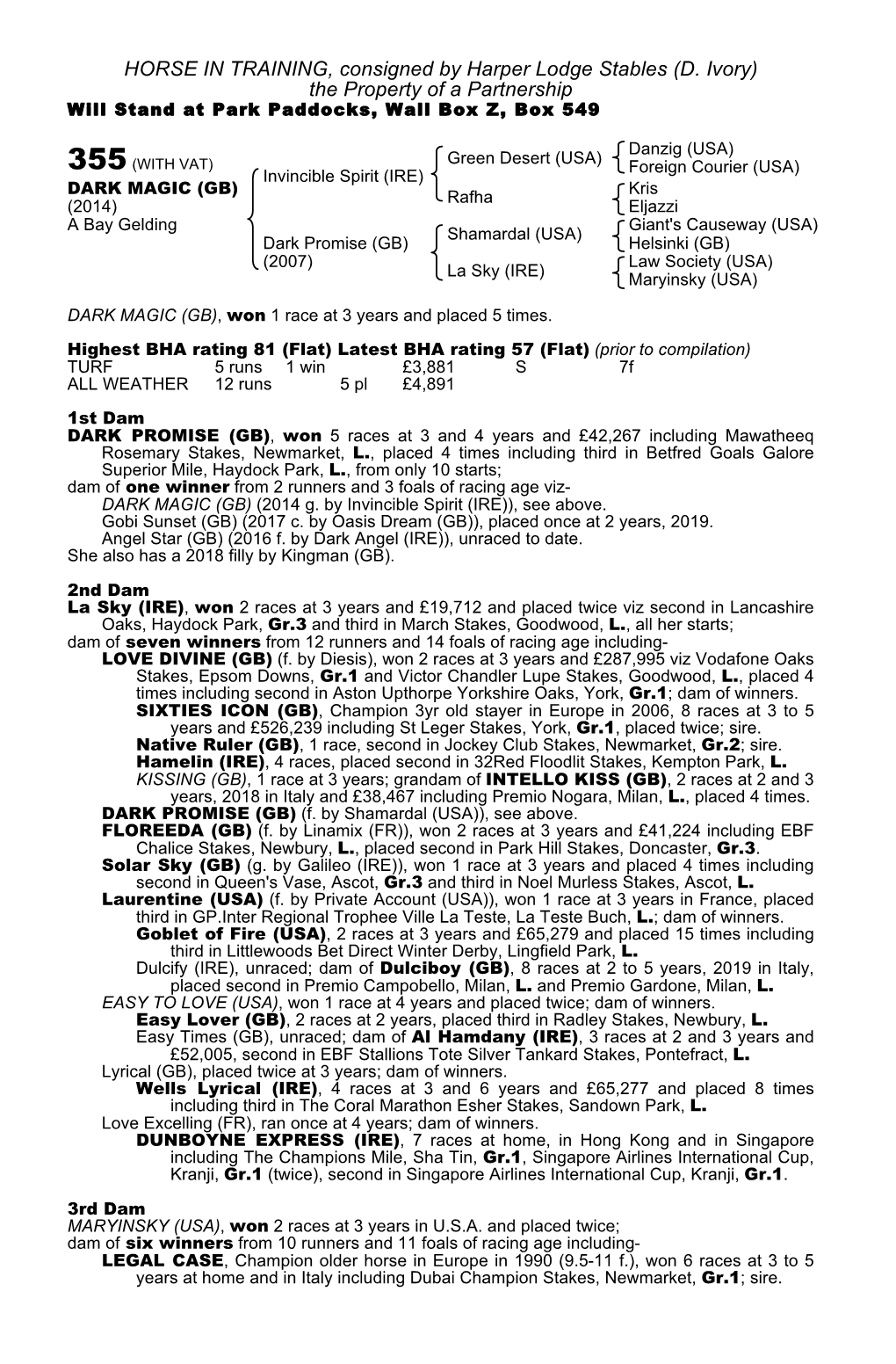 HORSE in TRAINING, Consigned by Harper Lodge Stables (D. Ivory) the Property of a Partnership Will Stand at Park Paddocks, Wall Box Z, Box 549
