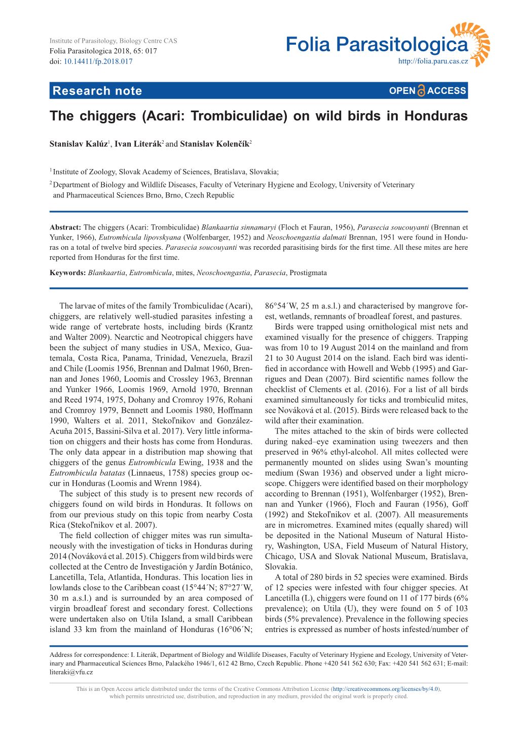 The Chiggers (Acari: Trombiculidae) on Wild Birds in Honduras