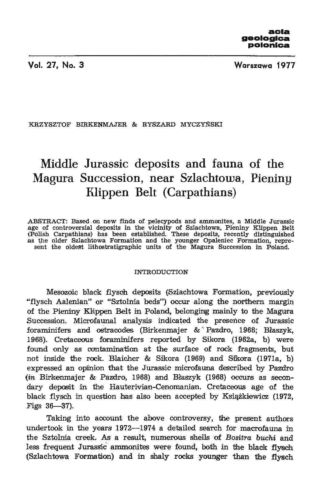 Middle Jurassic Deposits and Fauna of the Magura Succession, Near Szlachtowa, Pieniny Klippen Belt (Carpathians)
