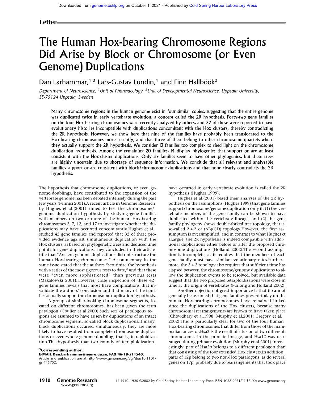 The Human Hox-Bearing Chromosome Regions Did Arise by Block Or Chromosome (Or Even Genome) Duplications