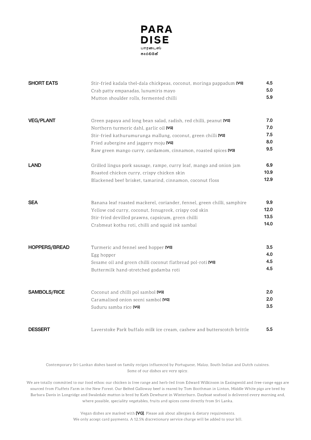 Stir-Fried Kadala Thel-Dala Chickpeas, Coconut, Moringa Pappadum [VG] 4.5 Crab Patty Empanadas, Lunumiris Mayo 5.0 Mutton Shoulder Rolls, Fermented Chilli 5.9