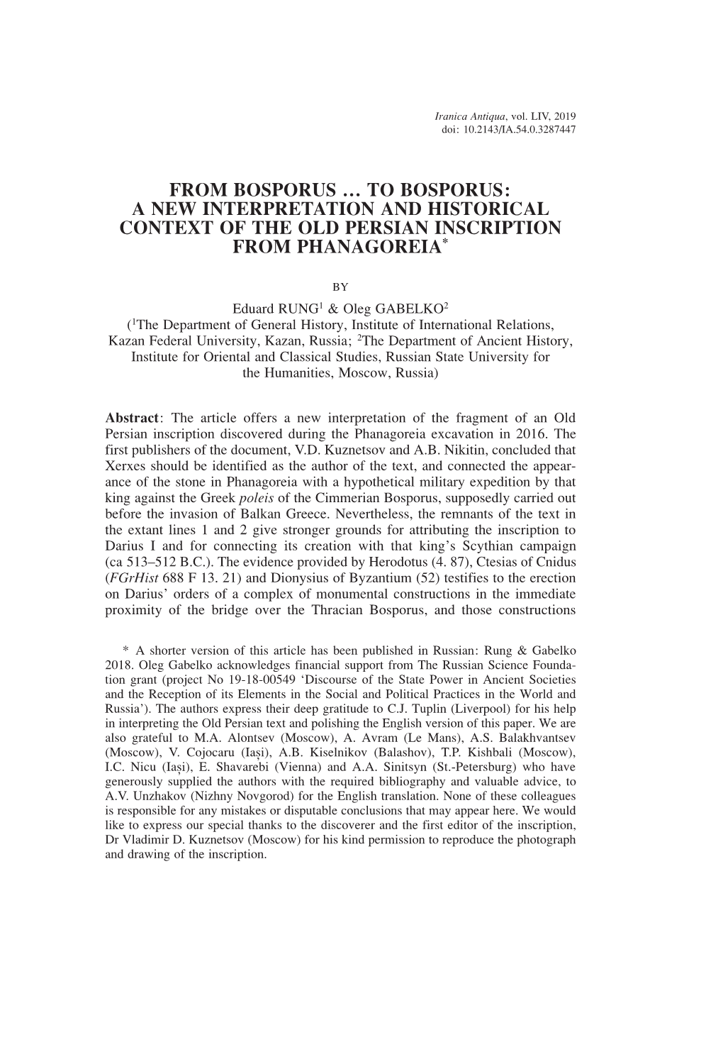 From Bosporus … to Bosporus: a New Interpretation and Historical Context of the Old Persian Inscription from Phanagoreia*