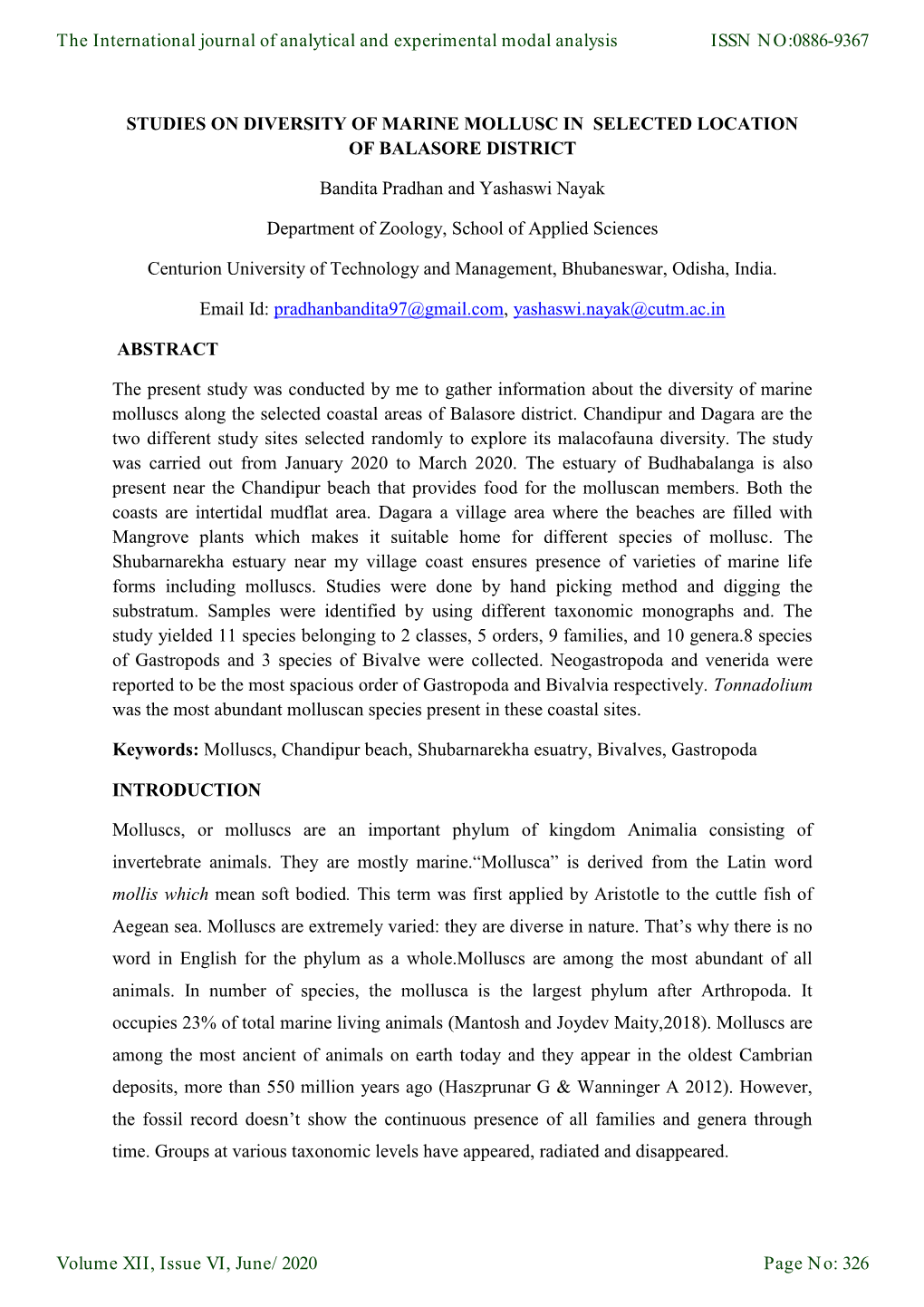 Studies on Diversity of Marine Mollusc in Selected Location of Balasore District