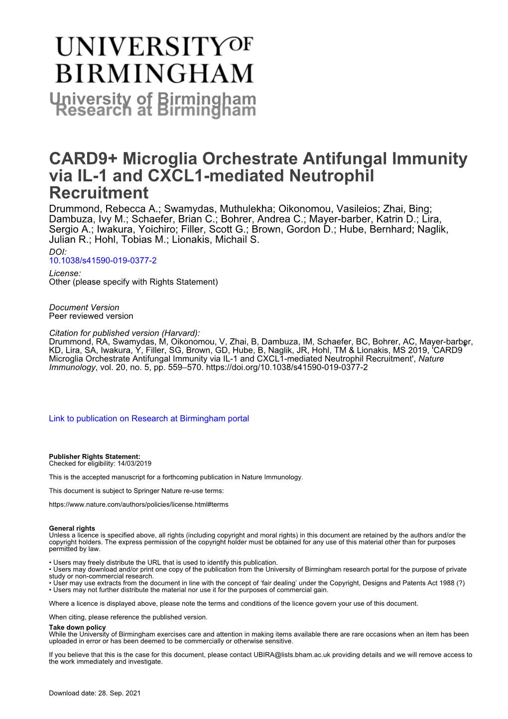 CARD9+ Microglia Orchestrate Antifungal Immunity Via IL-1 And