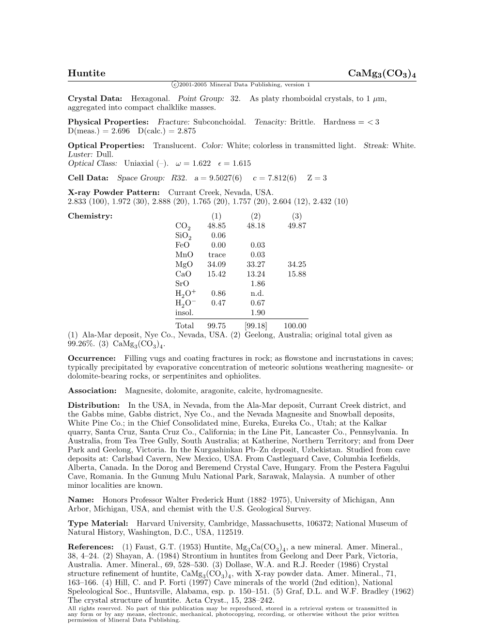 Huntite Camg3(CO3)4 C 2001-2005 Mineral Data Publishing, Version 1 Crystal Data: Hexagonal