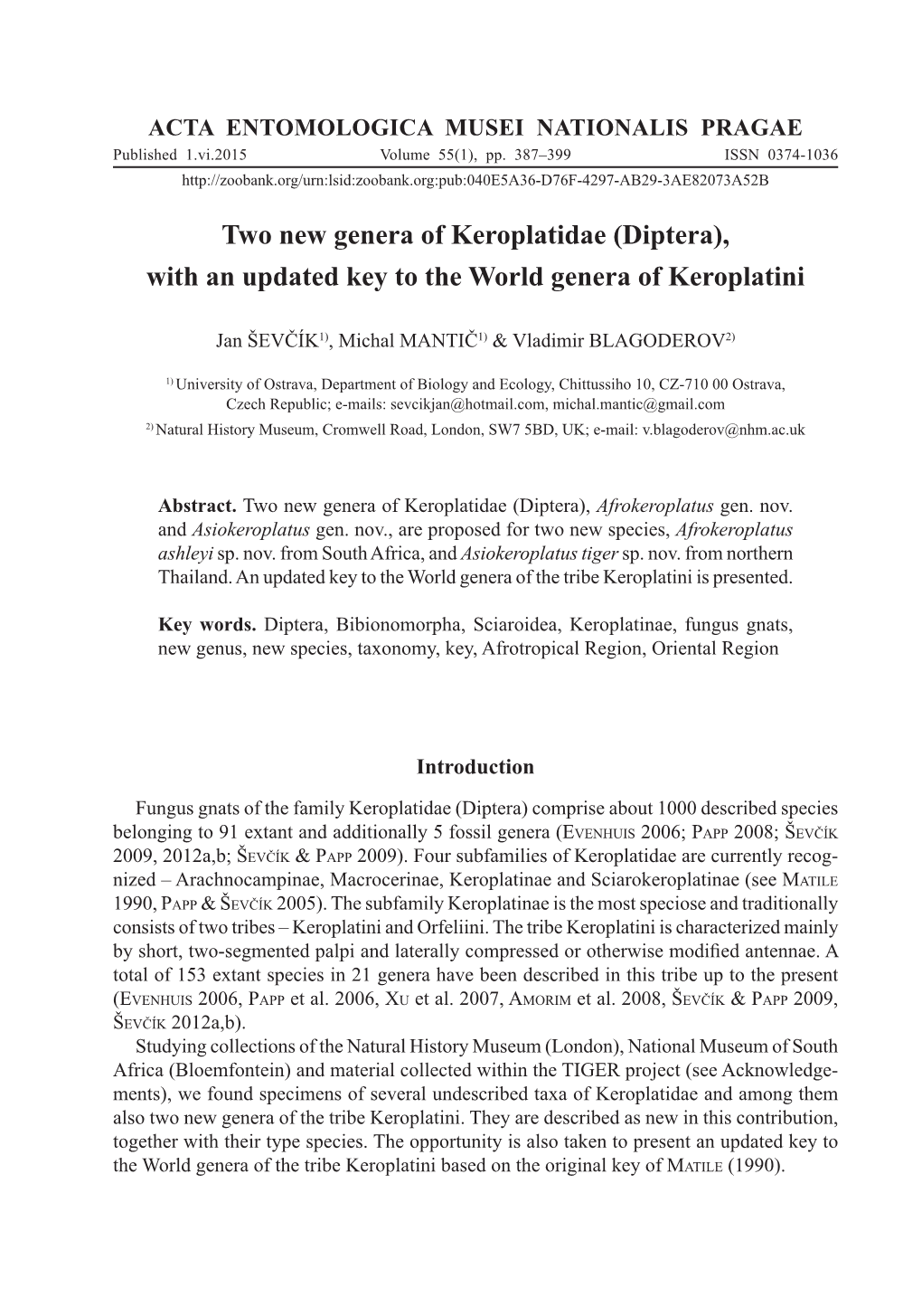 Two New Genera of Keroplatidae (Diptera), with an Updated Key to the World Genera of Keroplatini