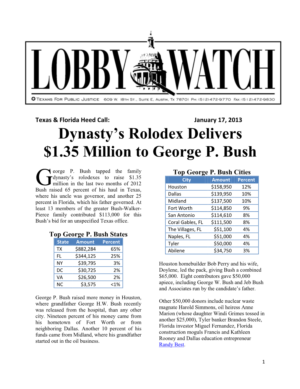Dynasty's Rolodex Delivers $1.35 Million to George P. Bush