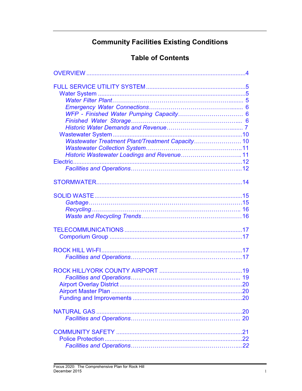 Community Facilities Existing Conditions Table of Contents