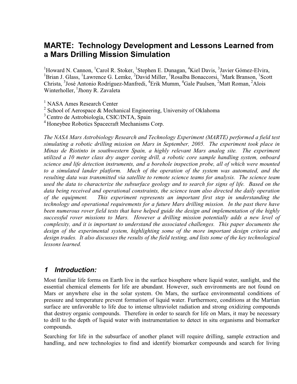 MARTE: Technology Development and Lessons Learned from a Mars Drilling Mission Simulation