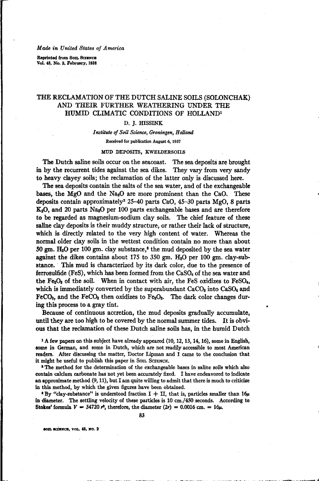 The Reclamation of the Dutch Saline Soils (Solonchak) and Their Further Weathering Under the Humid Climatic Conditions of Holland1 D