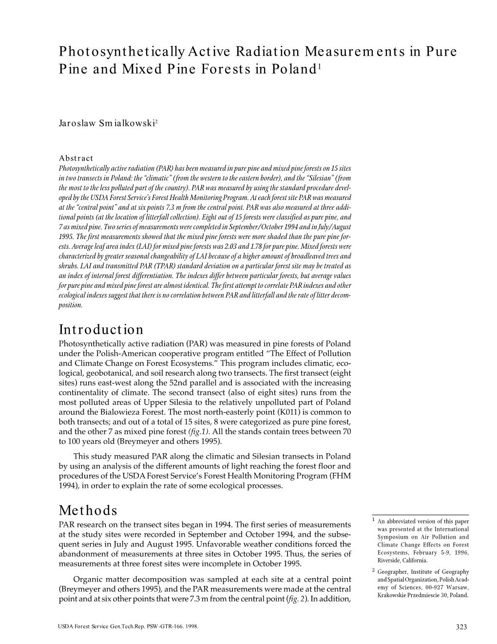 Photosynthetically Active Radiation Measurements in Pure Pine and Mixed Pine Forests in Poland1