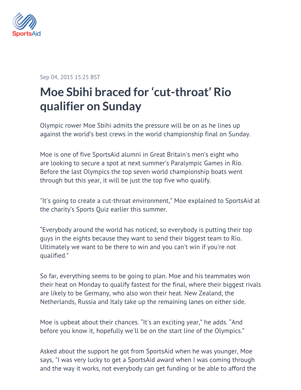 Moe Sbihi Braced for 'Cut-Throat' Rio Qualifier on Sunday