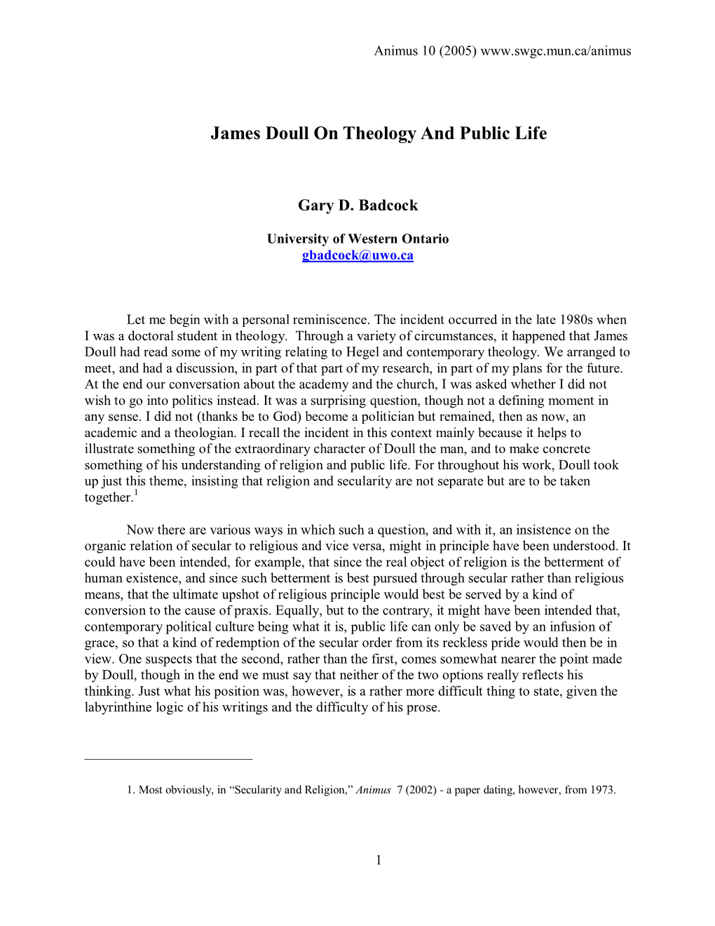 James Doull on Theology and Public Life