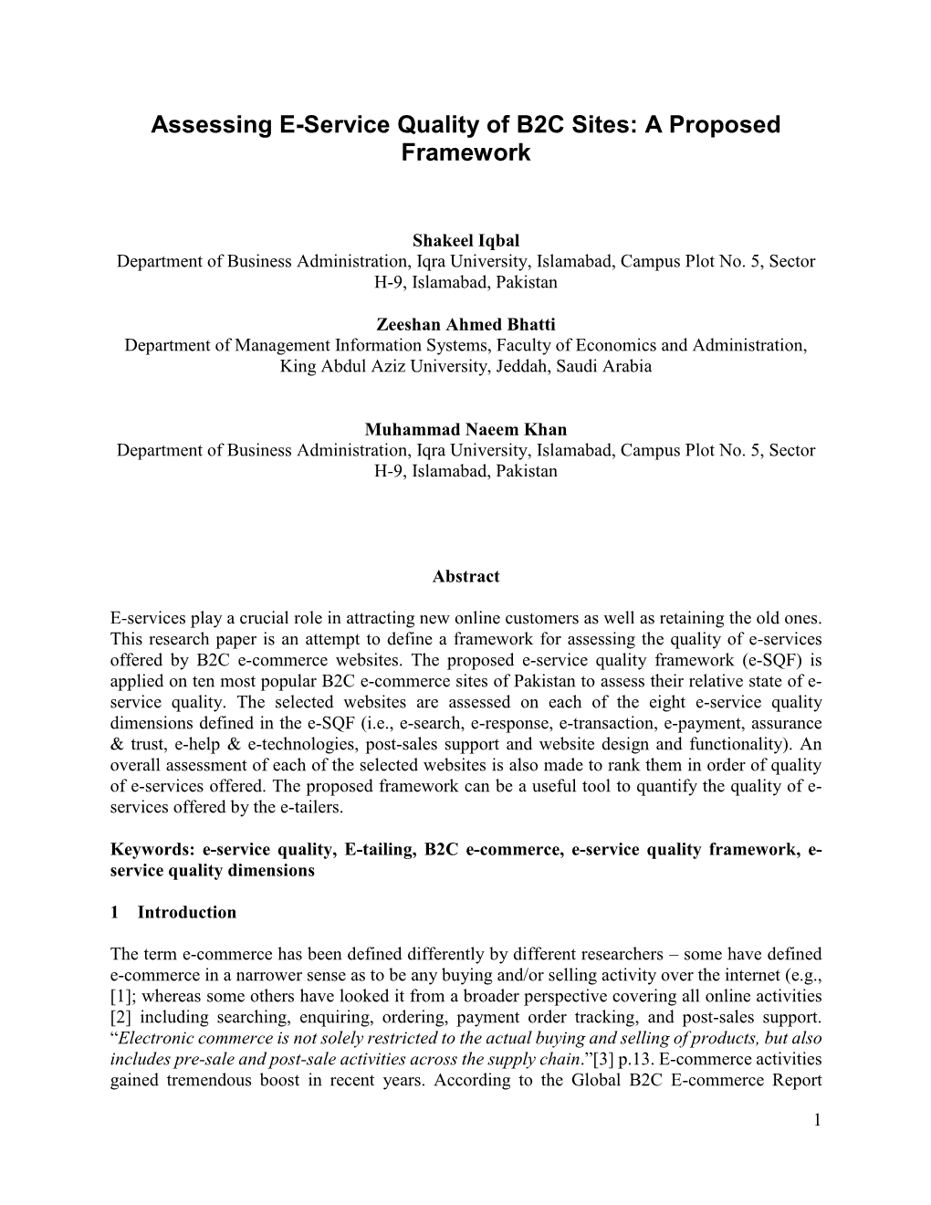 Assessing E-Service Quality of B2C Sites: a Proposed Framework