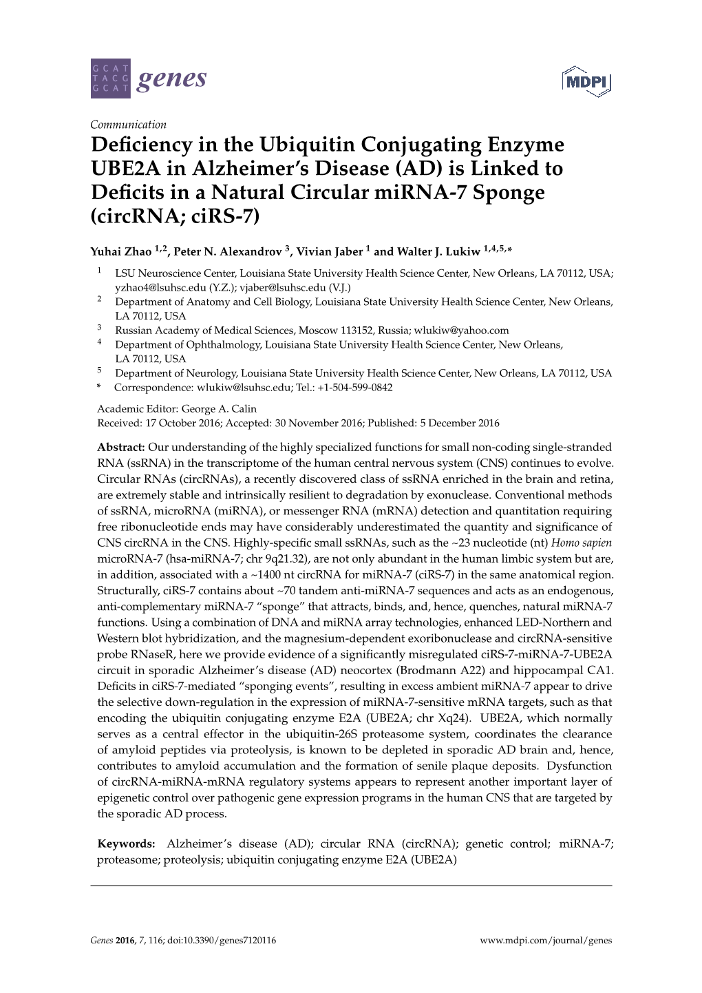 Deficiency in the Ubiquitin Conjugating Enzyme UBE2A In