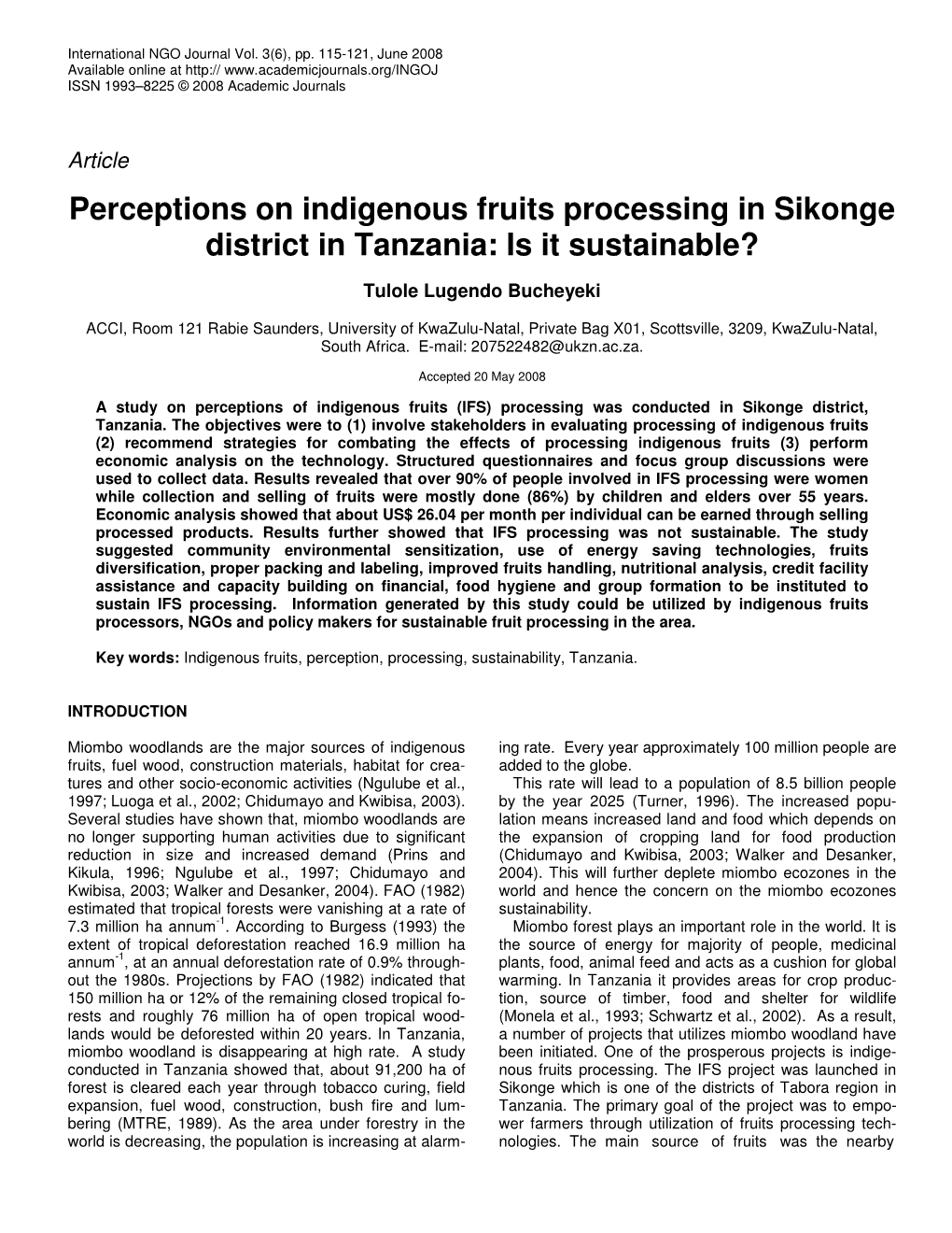 Perceptions on Indigenous Fruits Processing in Sikonge District in Tanzania: Is It Sustainable?