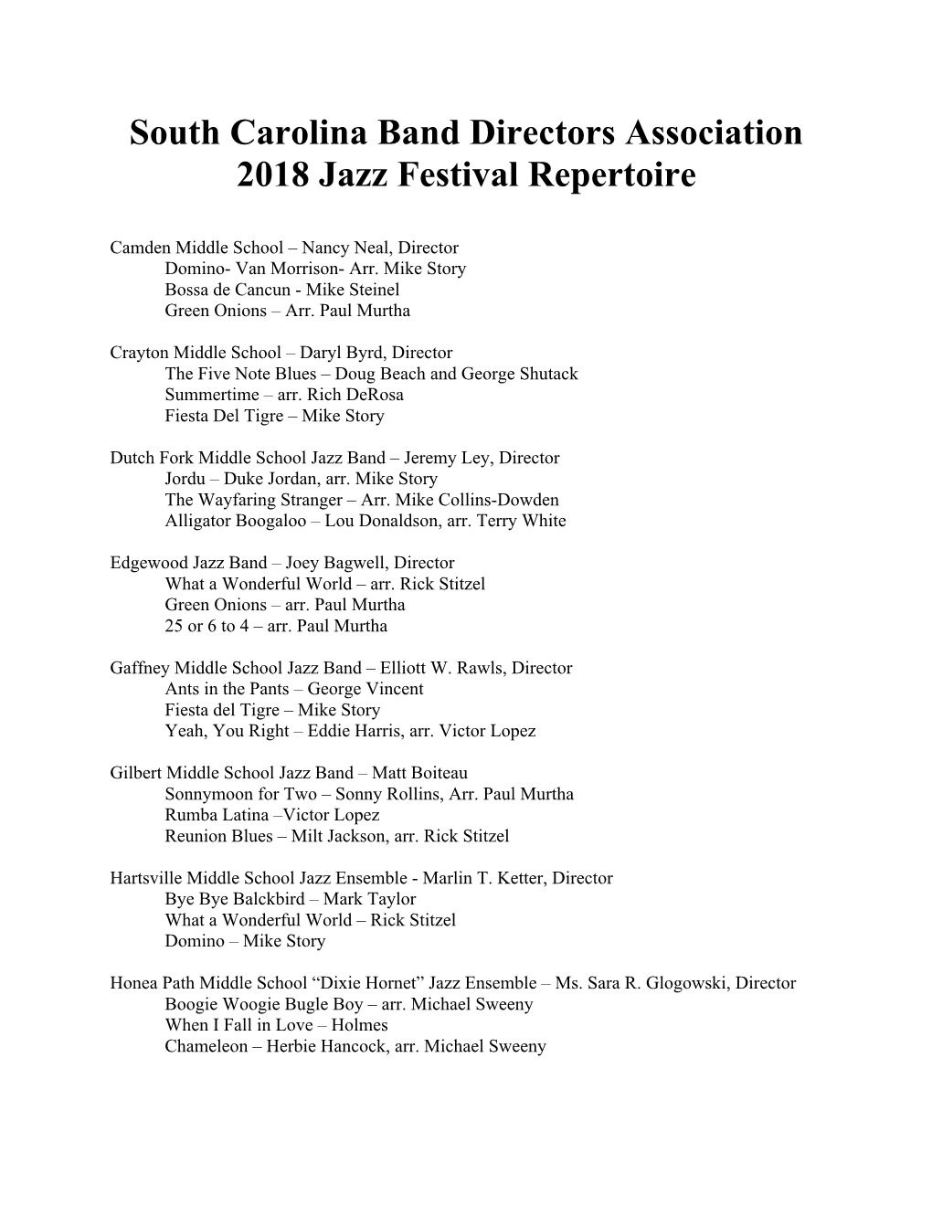 2018 State Jazz Festival Ensemble Repertoire