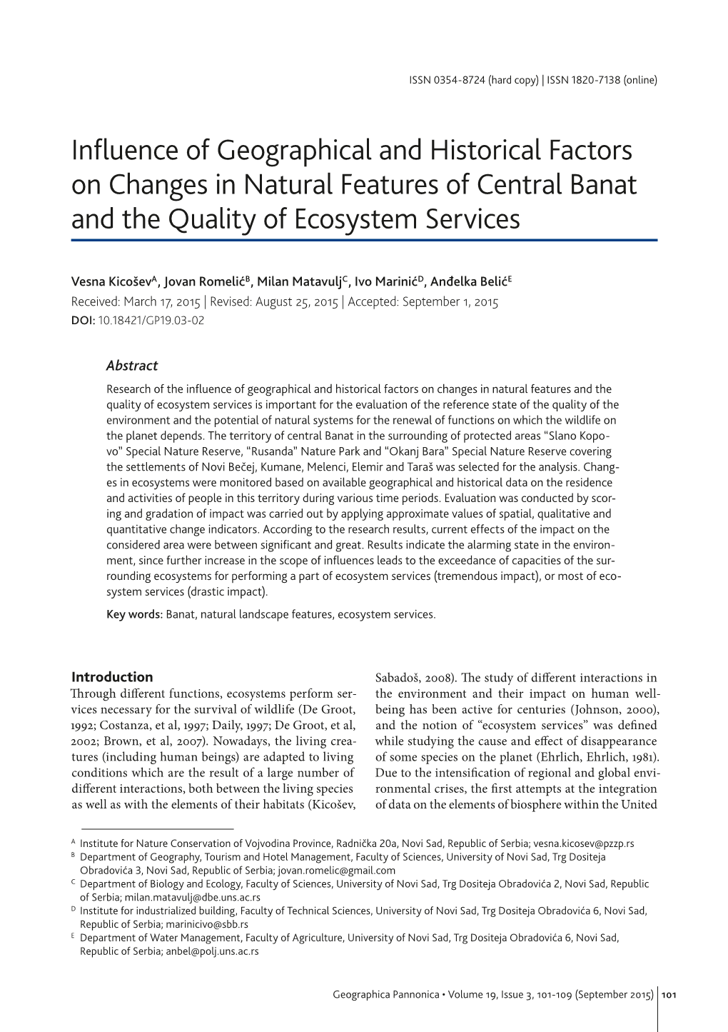 Influence of Geographical and Historical Factors on Changes in Natural Features of Central Banat and the Quality of Ecosystem Services