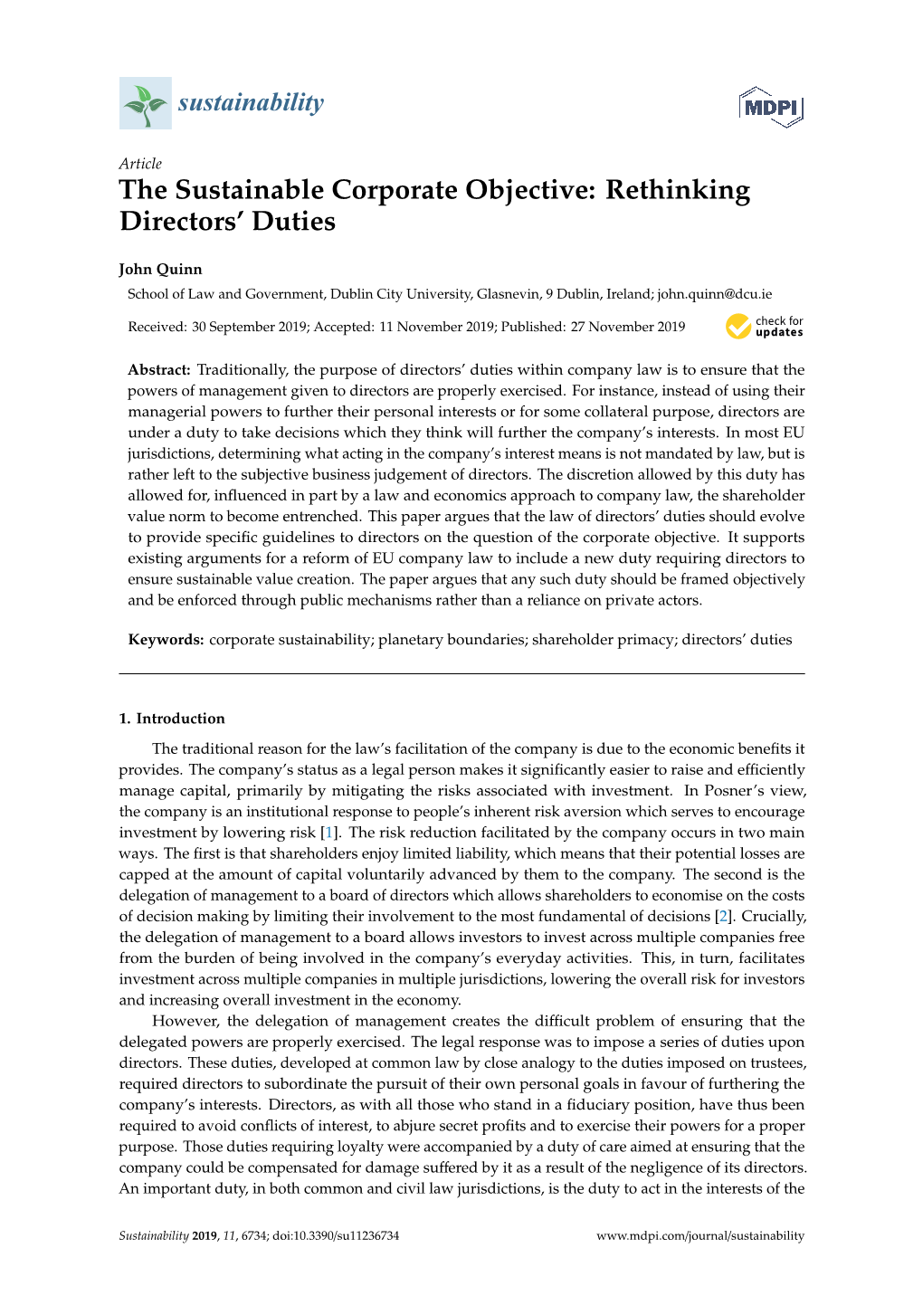 The Sustainable Corporate Objective: Rethinking Directors' Duties